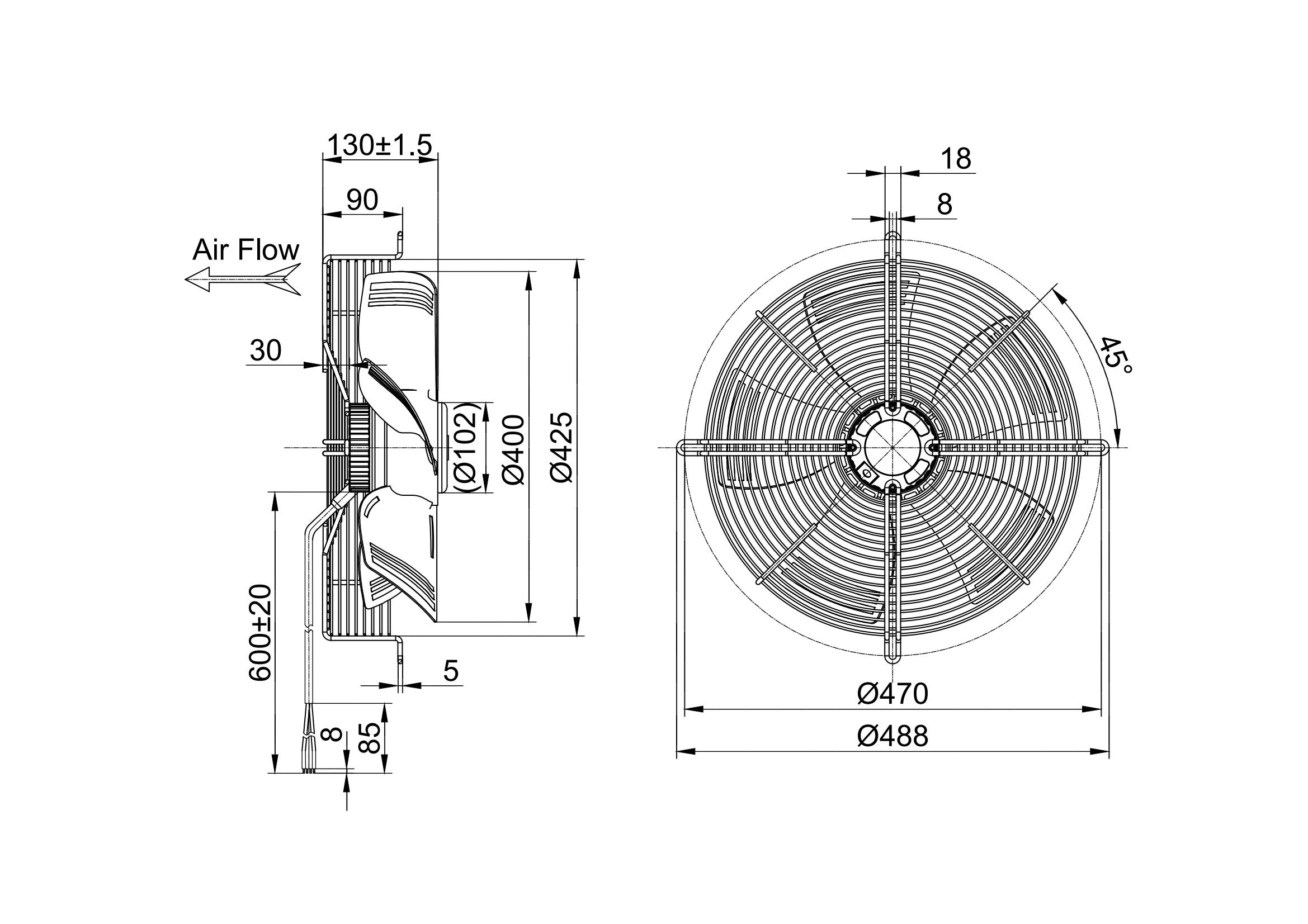 Ventilador axial com eficiência energética de 400 mm DC